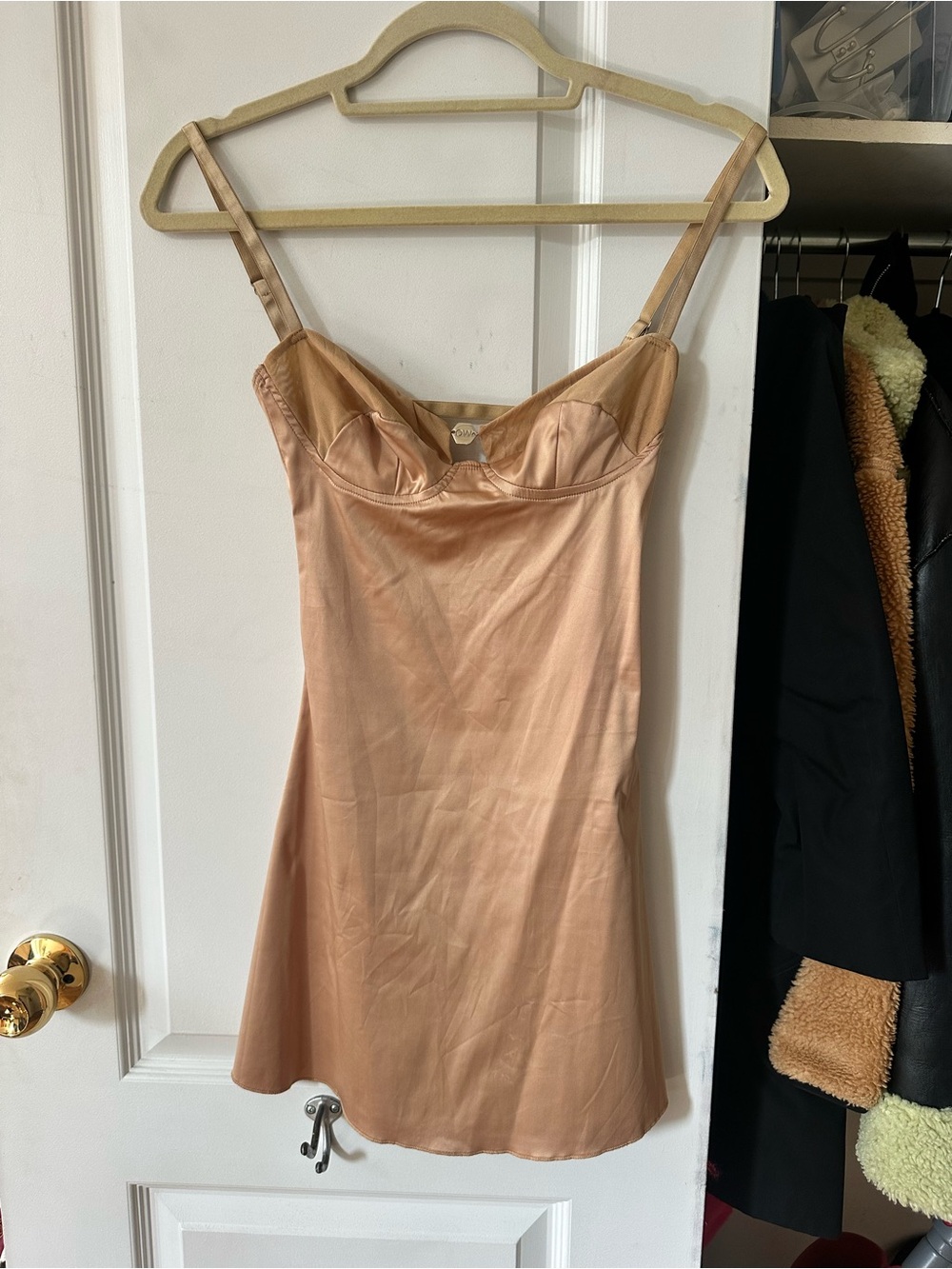 The OW Collection Skylar Satin Gold Slip Mini Dress with Adjustable Straps - XS